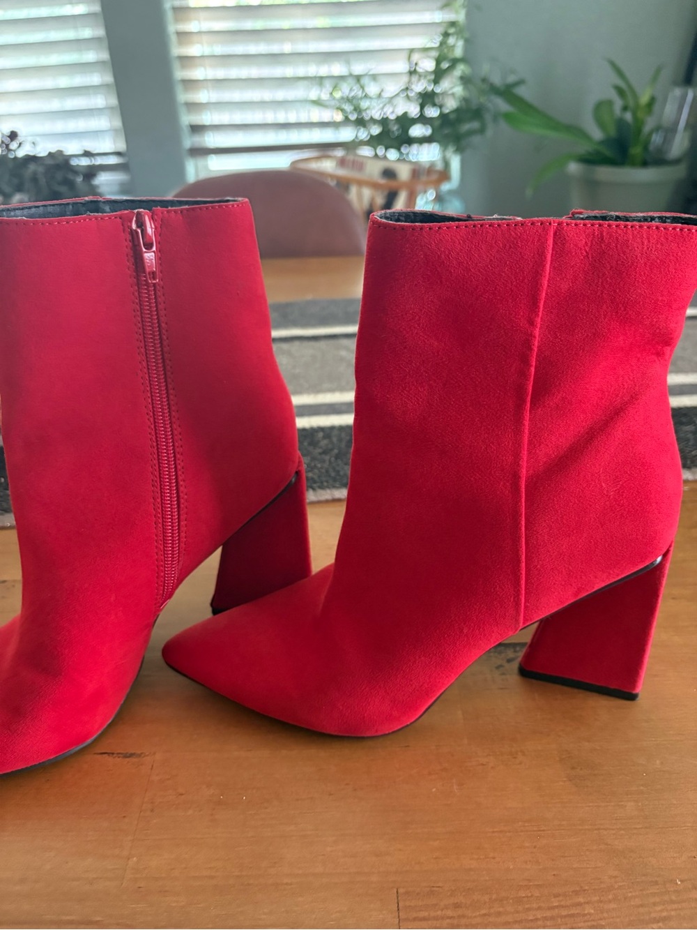Bar III Red Suede Pointed-Toe Block Heel Ankle Boots
